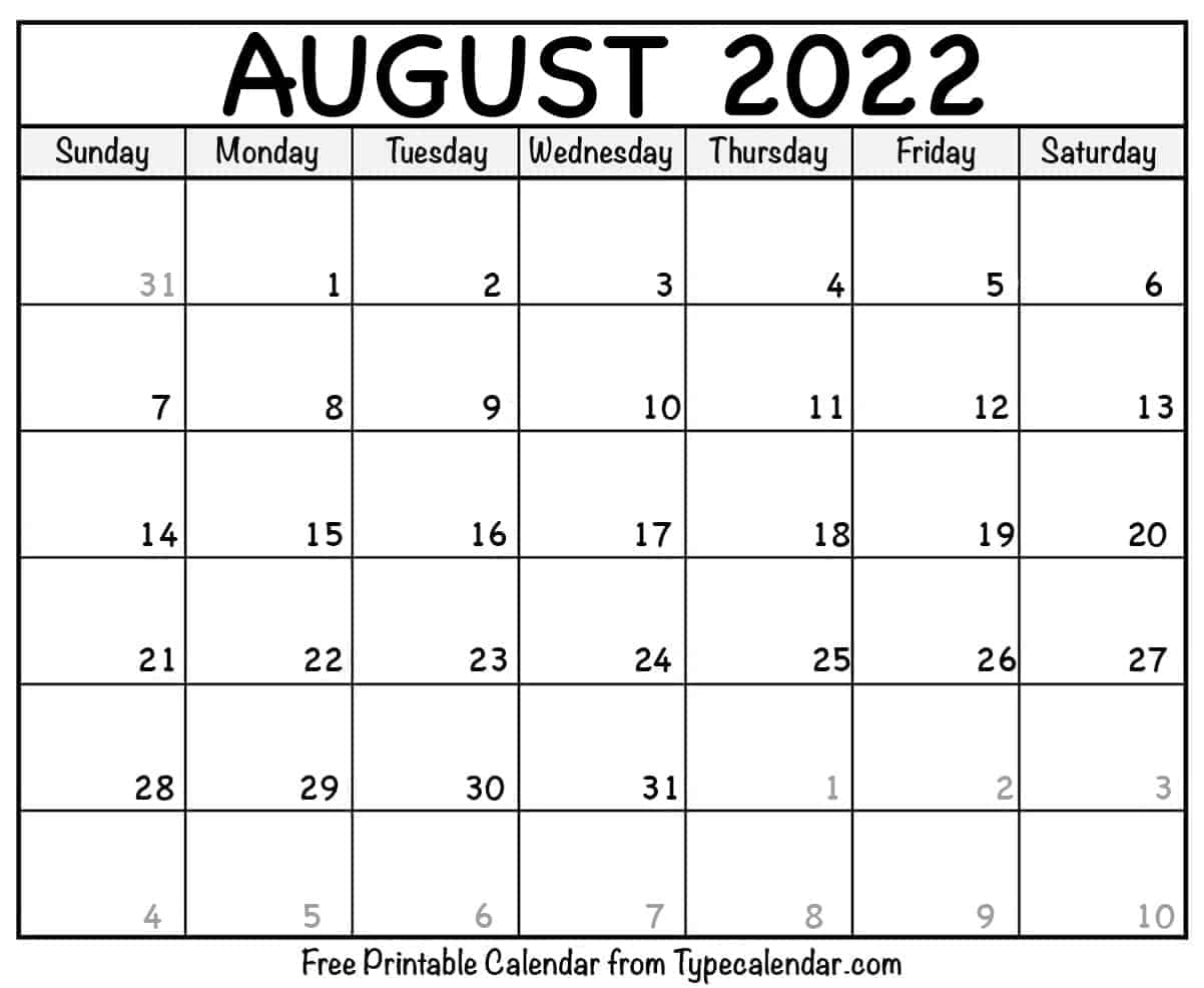 August Calendar 2022